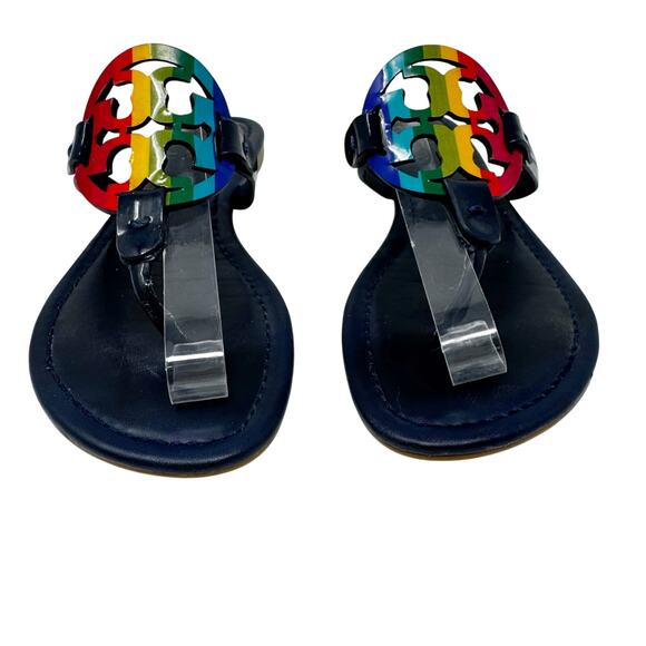 TORY BURCH Navy Blue Rainbow Stripe Miller Logo Patent Leather Sandals Size 7 - Picture 2 of 8